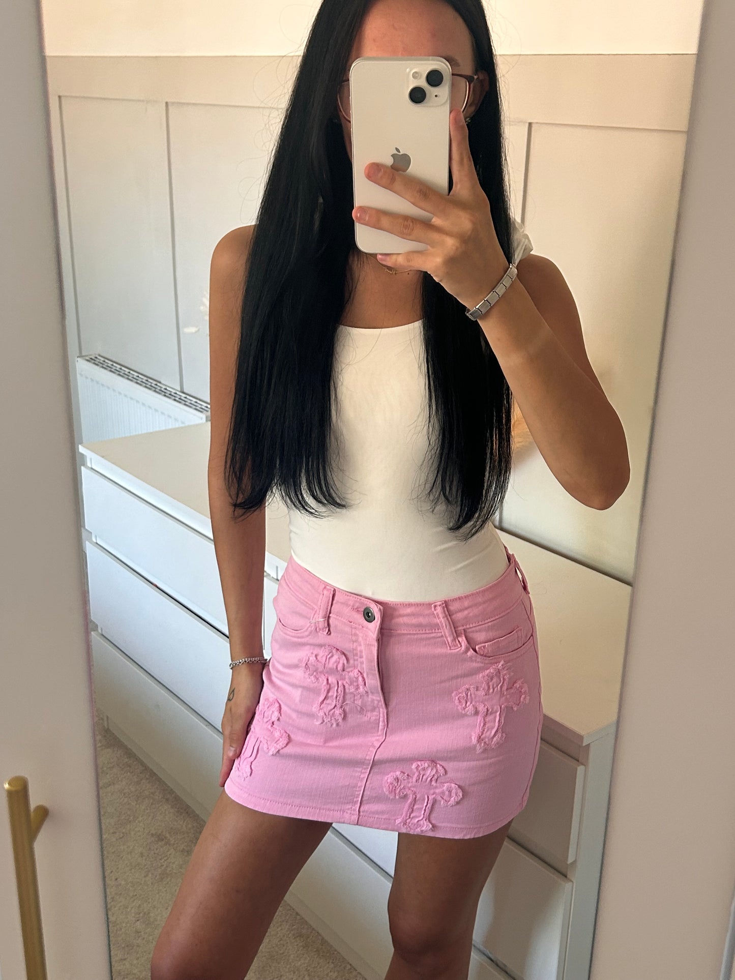 CROSS EMBROIDERED DEMIN SKIRTS