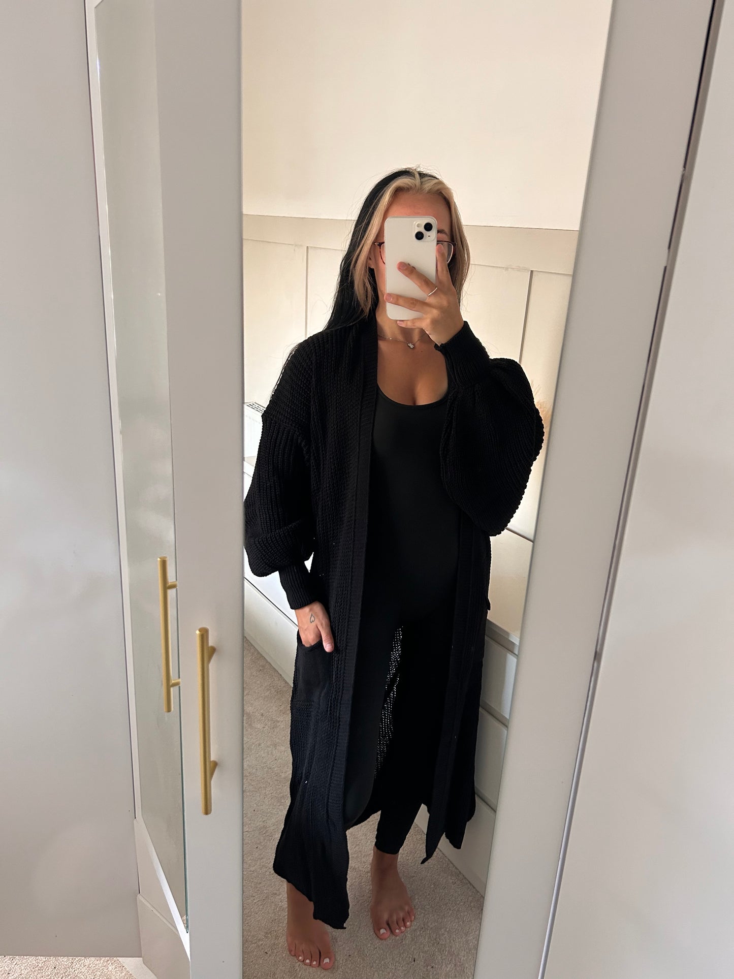 LONG OPEN BALLOON SLEEVED KNITTED CARDIGAN
