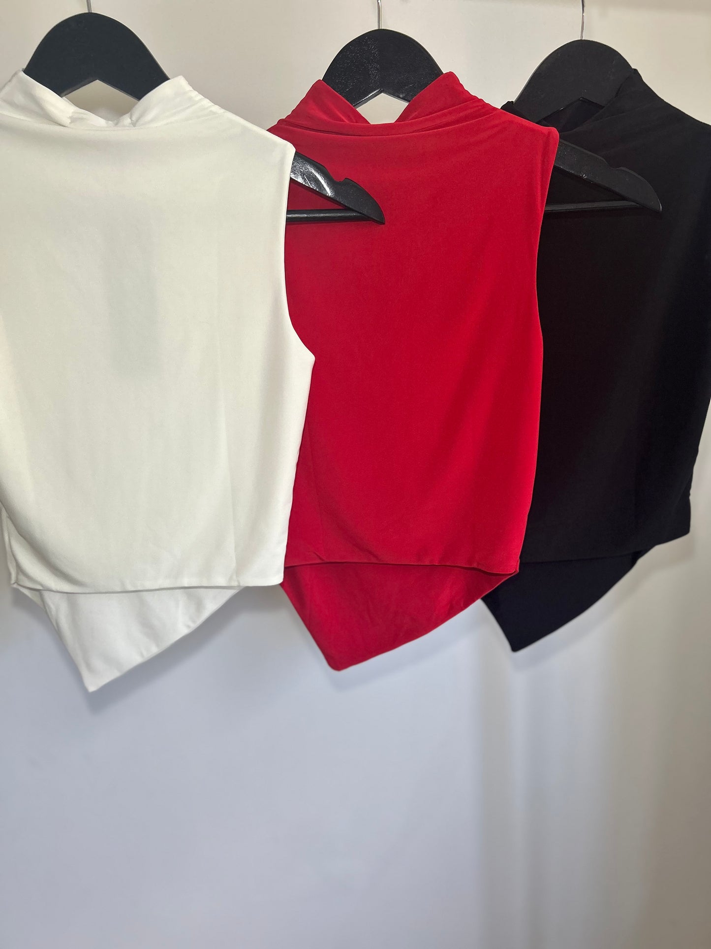 SLINKY HIGH NECK GATHERED ASYMMETRICAL HEM TOP