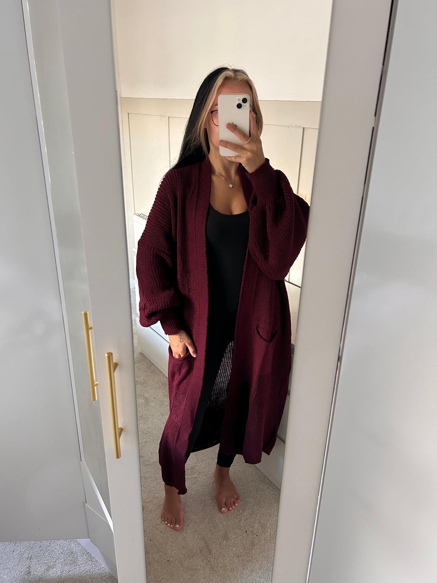 LONG OPEN BALLOON SLEEVED KNITTED CARDIGAN
