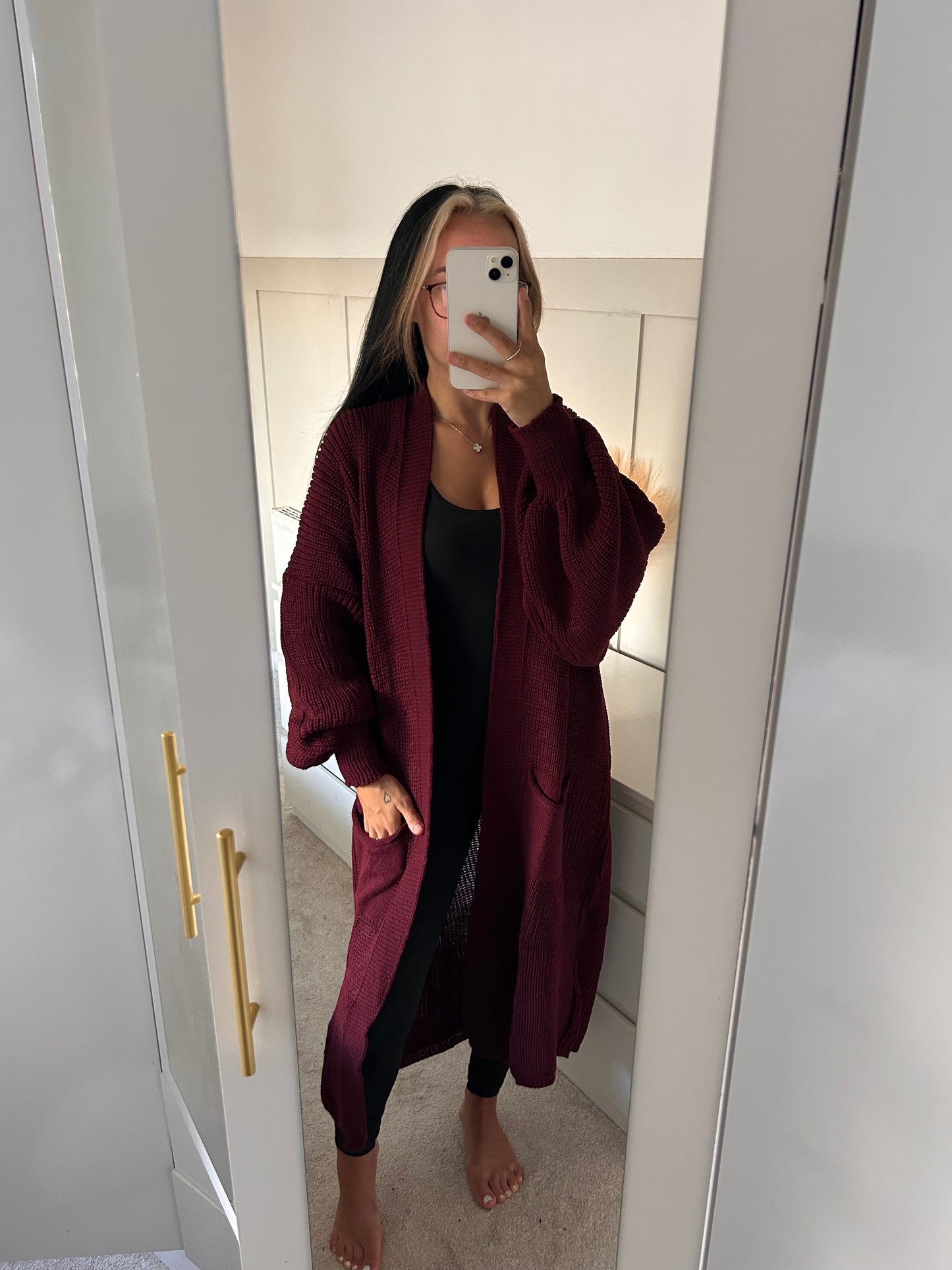 LONG OPEN BALLOON SLEEVED KNITTED CARDIGAN