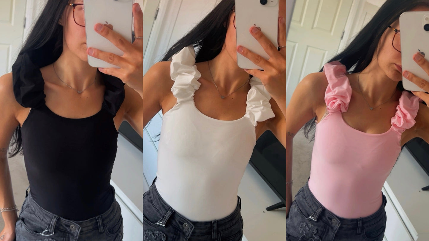 SLINKY RUCHED SHOULDER BODYSUIT