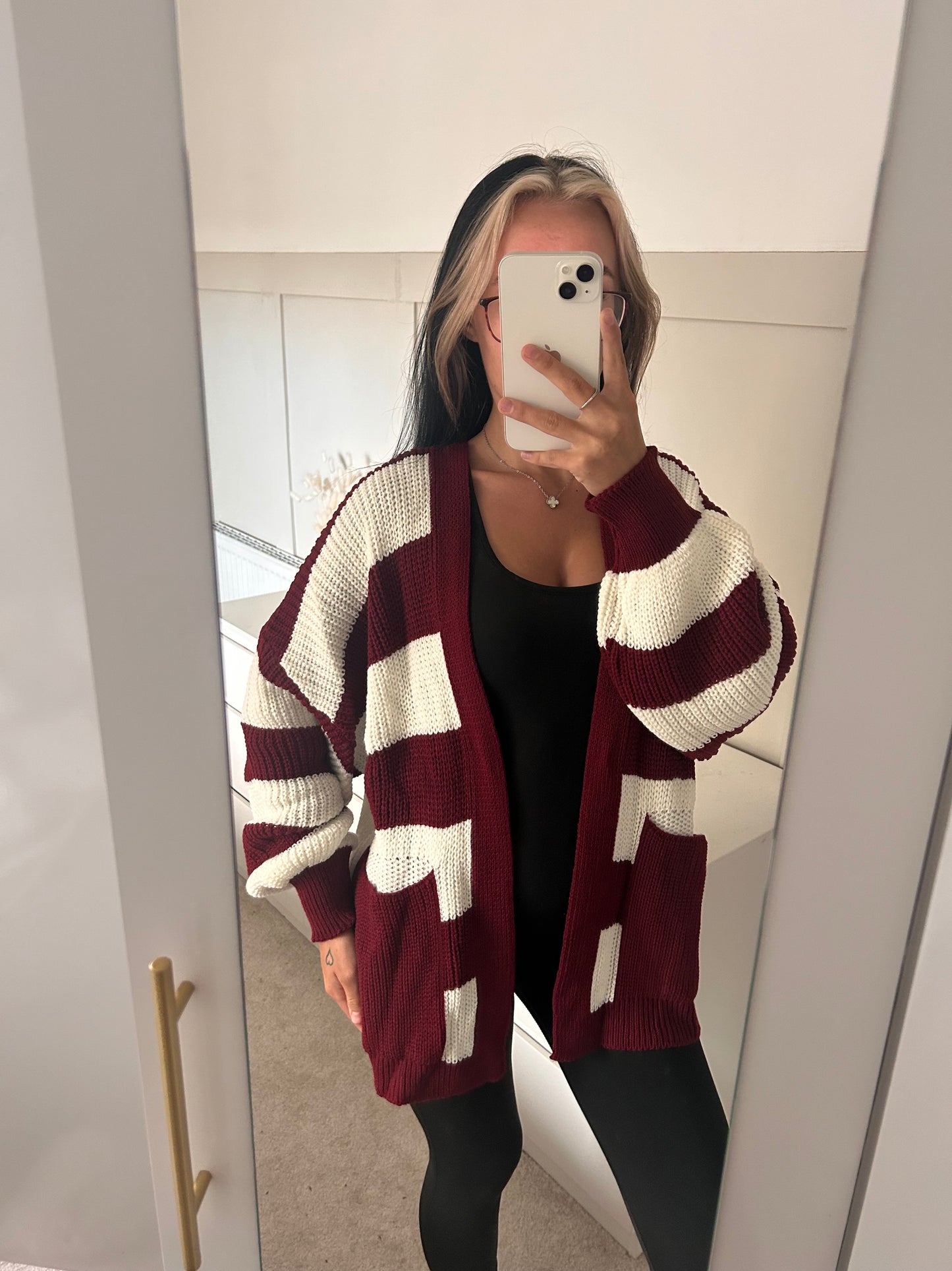 STRIPED SHORT BALLOON SLEEVED CARDIGAN