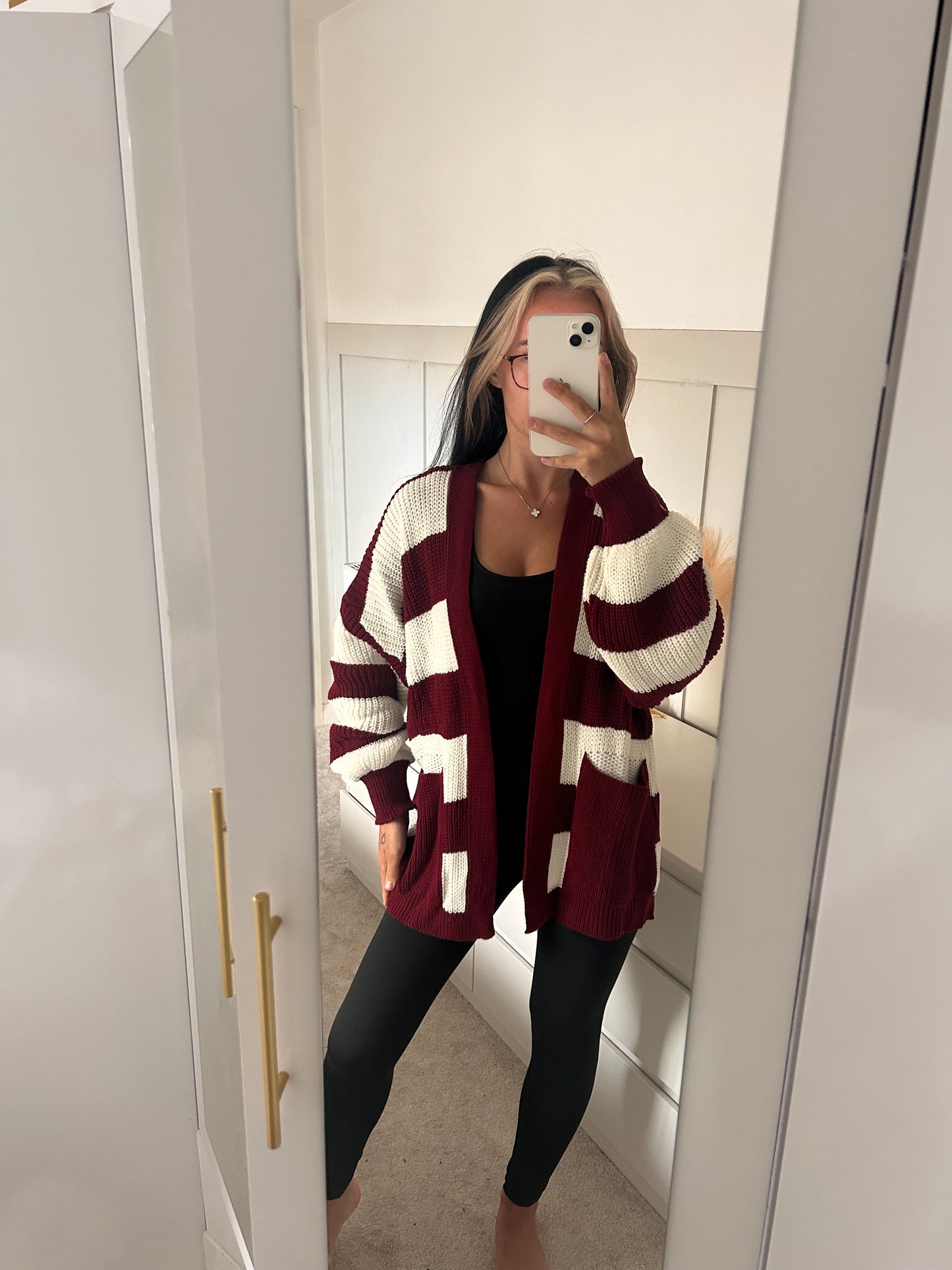 STRIPED SHORT BALLOON SLEEVED CARDIGAN