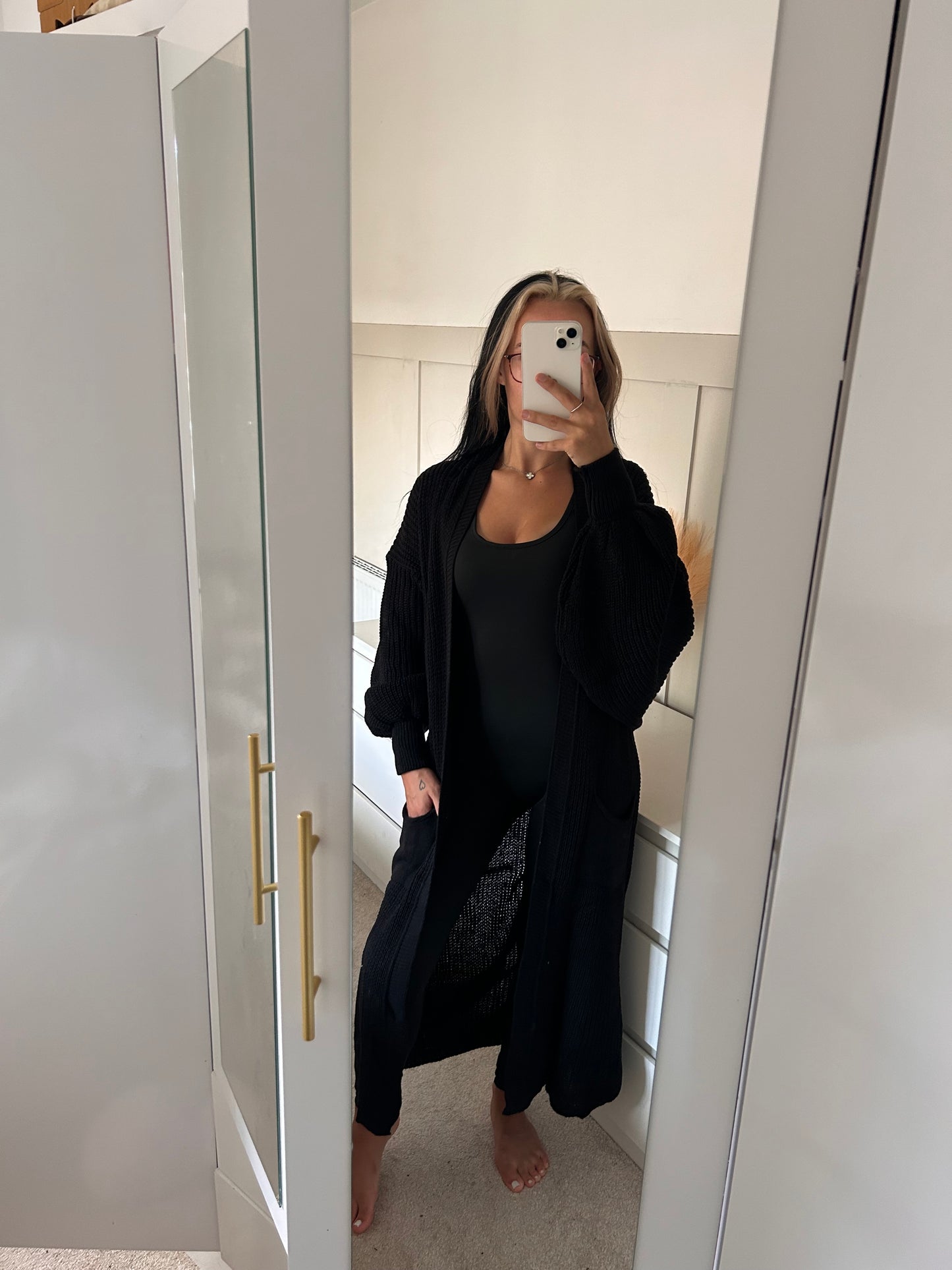 LONG OPEN BALLOON SLEEVED KNITTED CARDIGAN