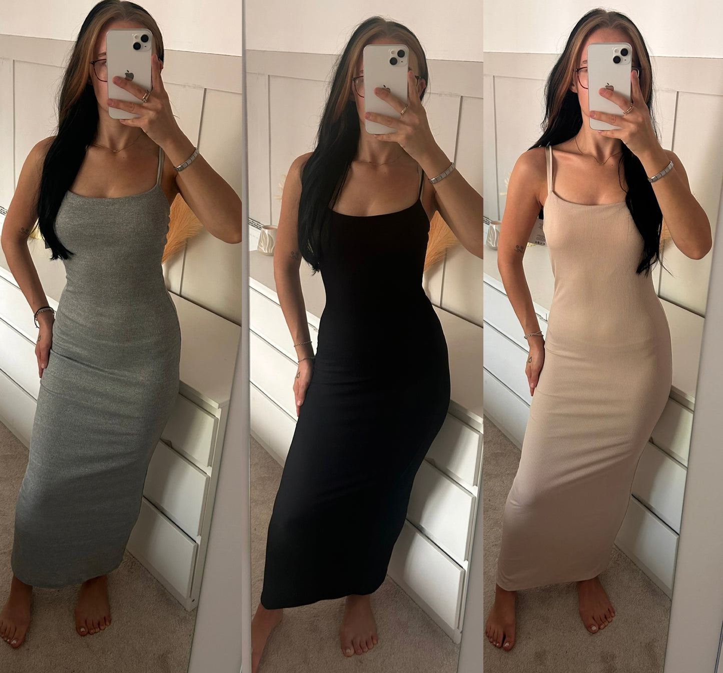 PLAIN THIN RIBBED PADDED MAXI DRESS