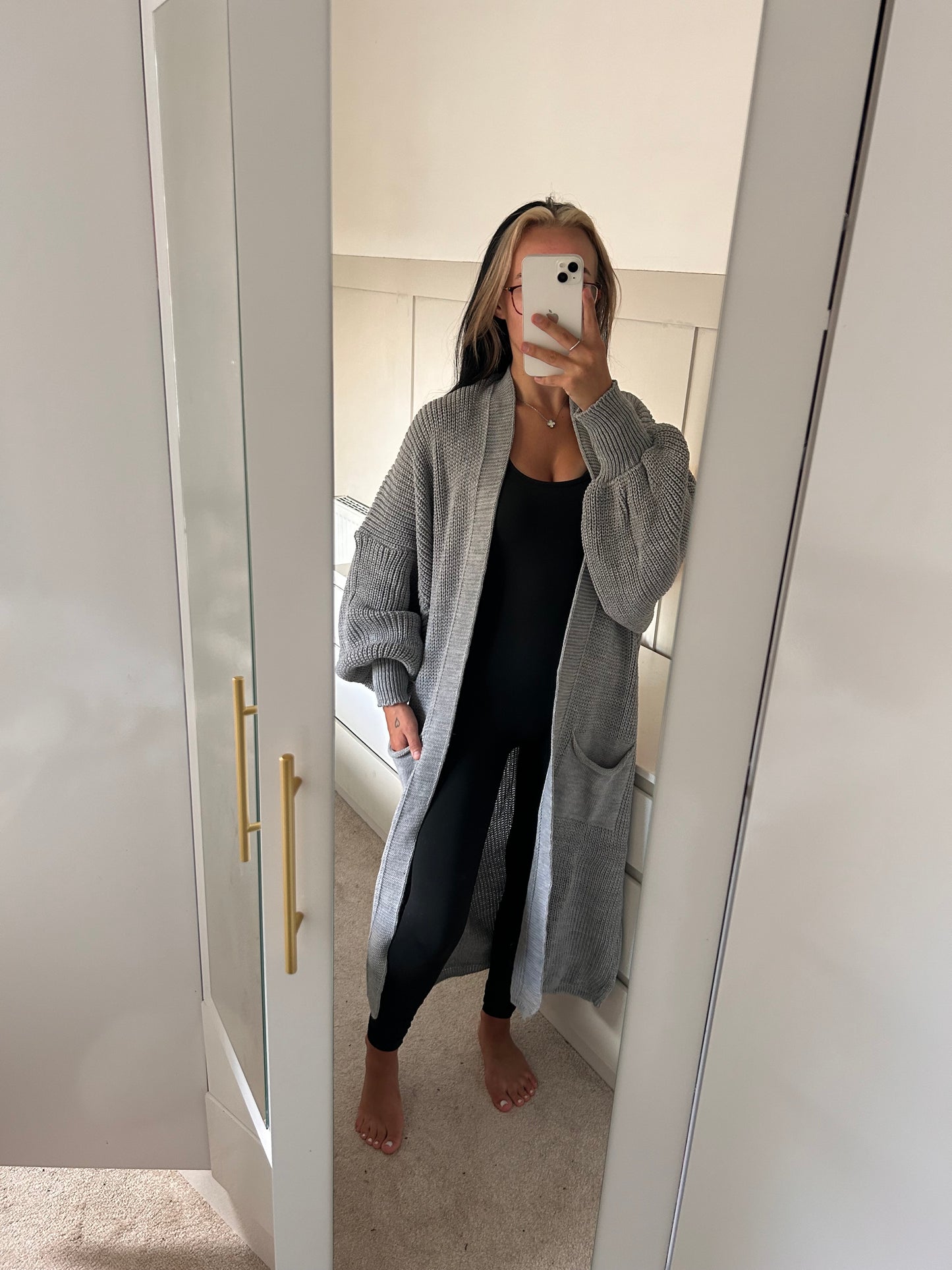 LONG OPEN BALLOON SLEEVED KNITTED CARDIGAN