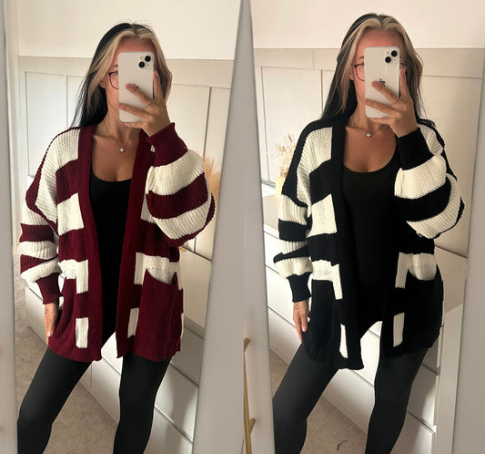 STRIPED SHORT BALLOON SLEEVED CARDIGAN