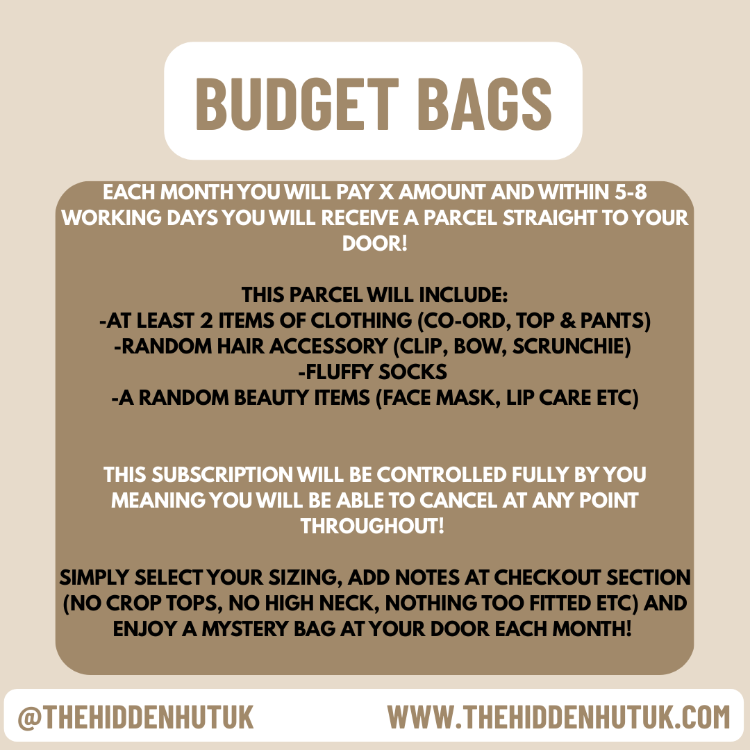 Promotional text for a budget clothing and beauty subscription service on a beige background.