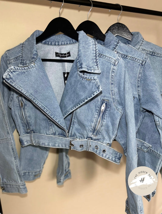 CROPPED DENIM BIKER JACKET