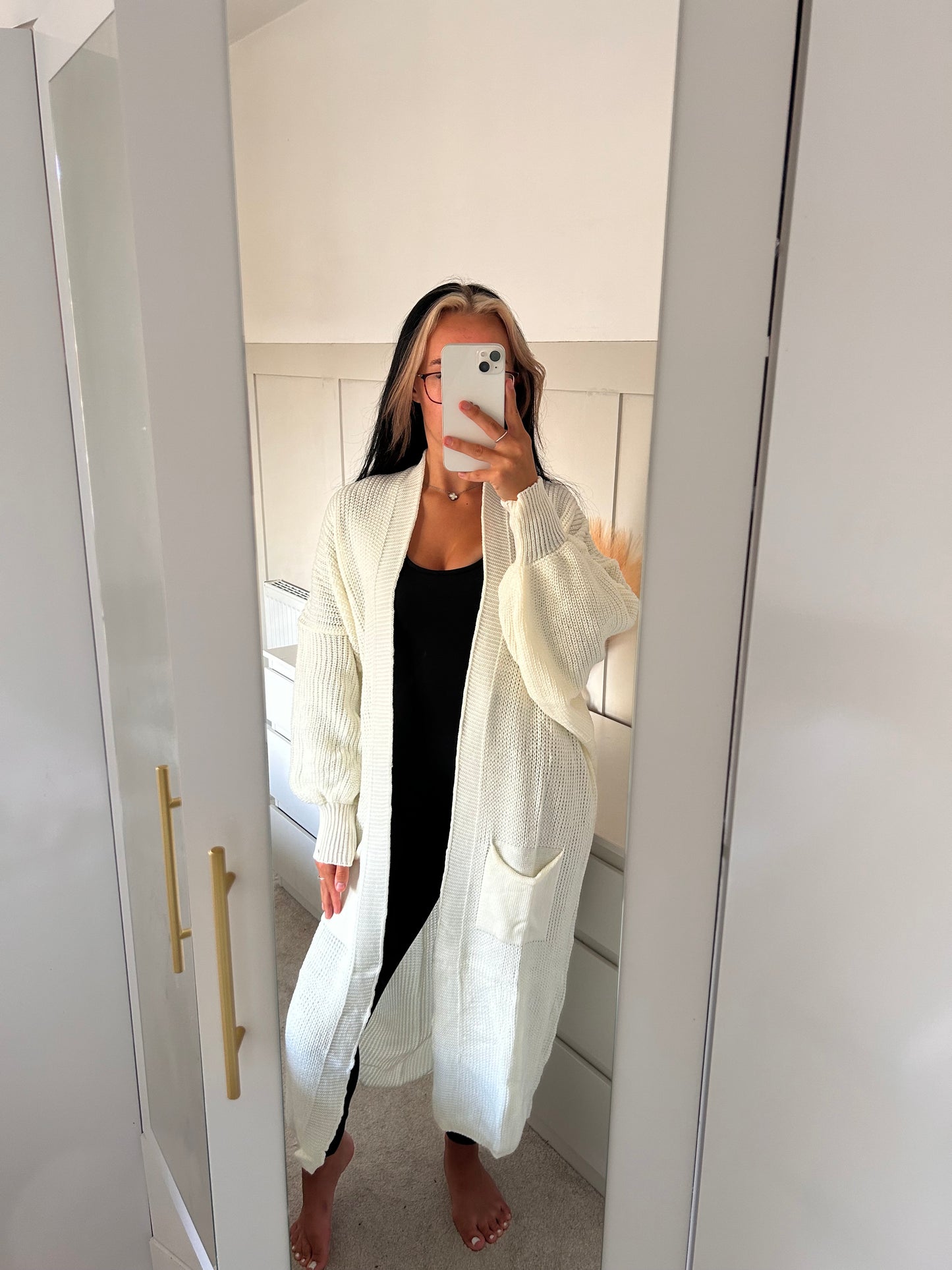 LONG OPEN BALLOON SLEEVED KNITTED CARDIGAN