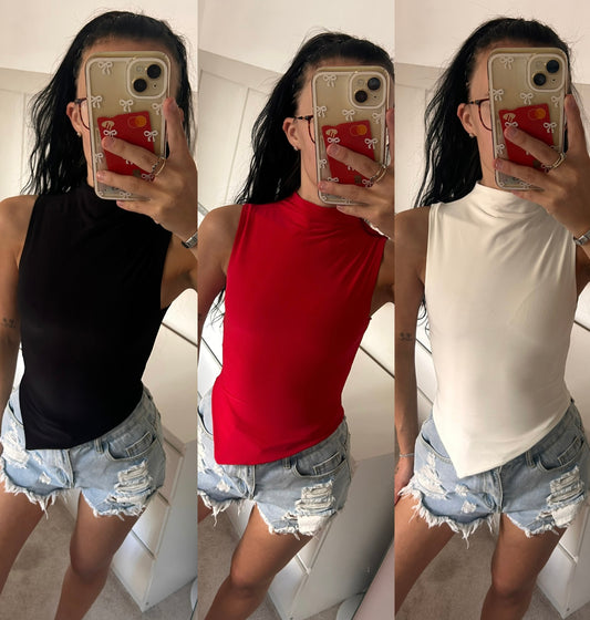 SLINKY HIGH NECK GATHERED ASYMMETRICAL HEM TOP