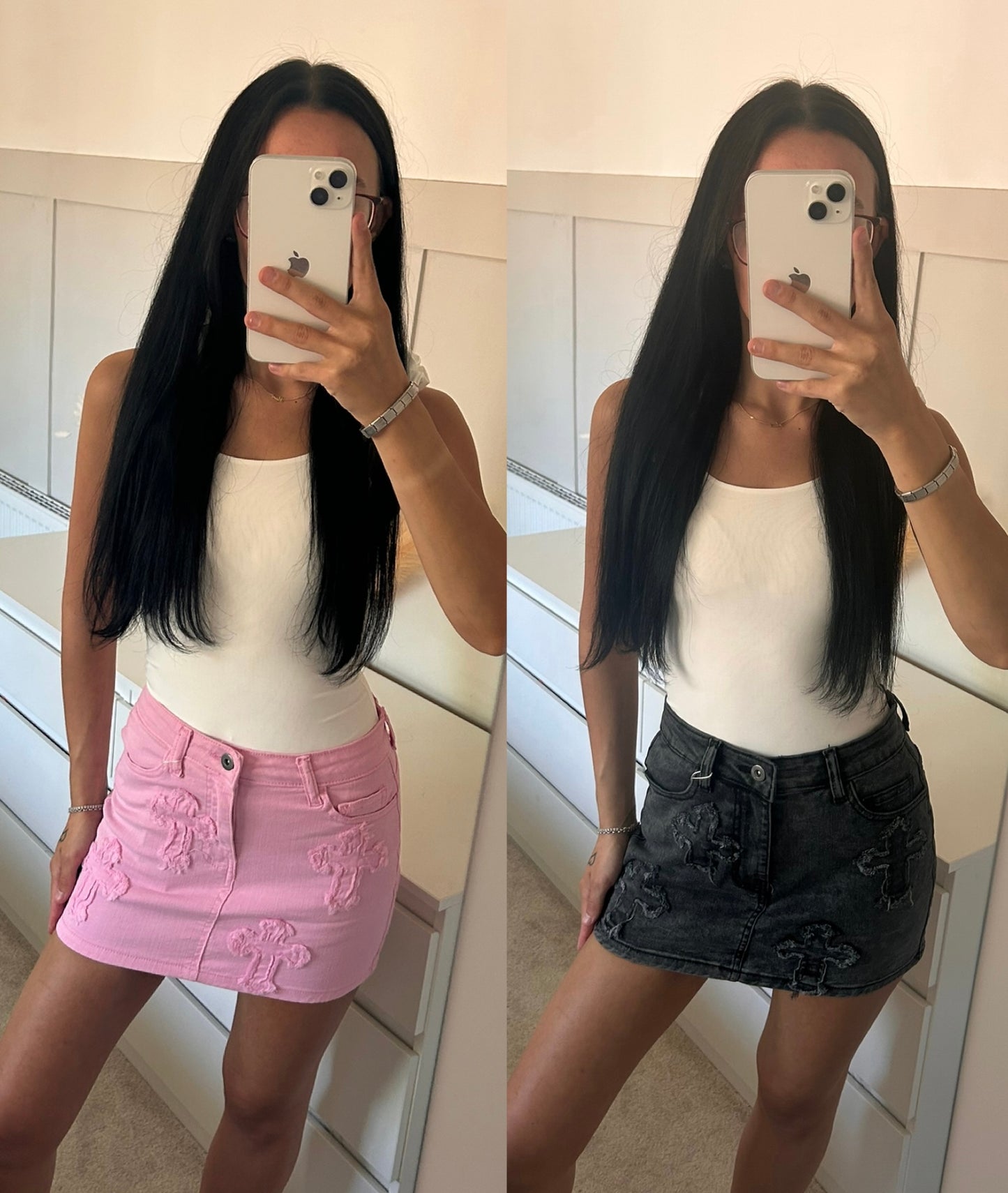 CROSS EMBROIDERED DEMIN SKIRTS
