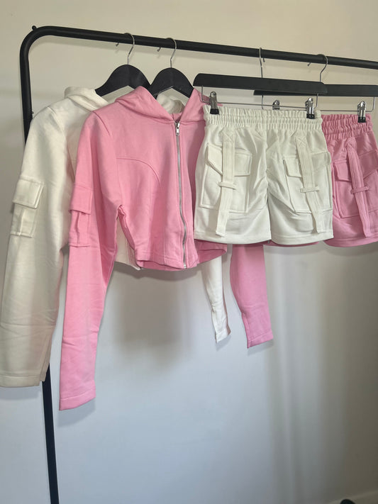 CROPPED ZIP UP HOODIE & RUCHED SHORTS CO-ORD