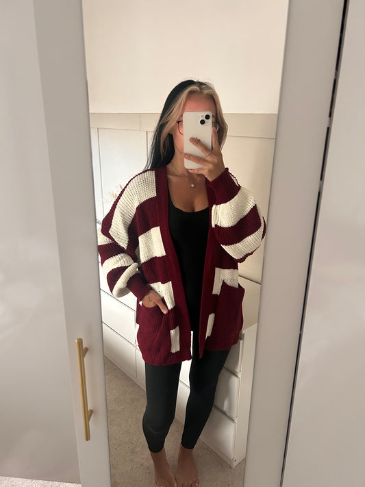 STRIPED SHORT BALLOON SLEEVED CARDIGAN