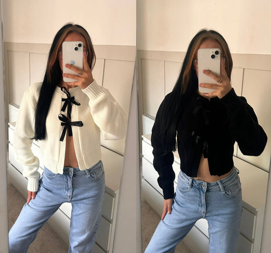KNITTED LACE UP RIBBON CARDIGAN